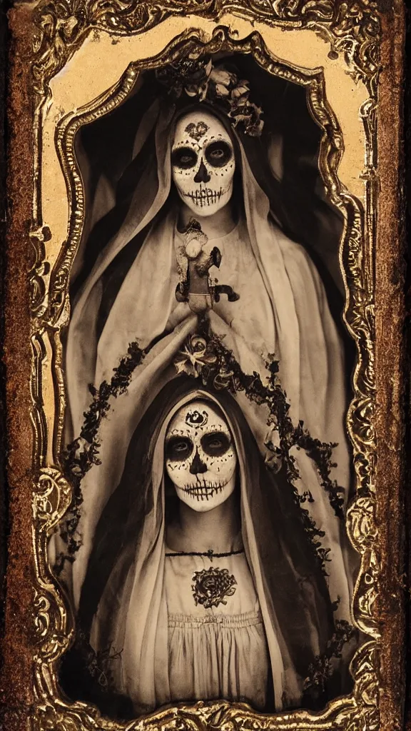 Image similar to tintype full body view, virgin mary in dia de muertos dress and make up, horrific beautiful vibe, evocative, atmospheric lighting, painted, intricate, highly detailed,