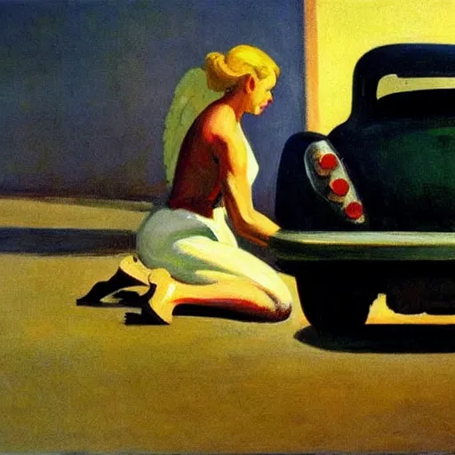 Image similar to an angel fixing their broken down car in hell, painted by edward hopper,