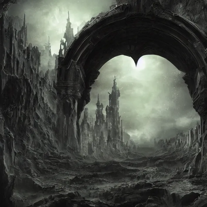 Image similar to gazing through a black archway to the void, black night, intricate high detail matte painting masterpiece