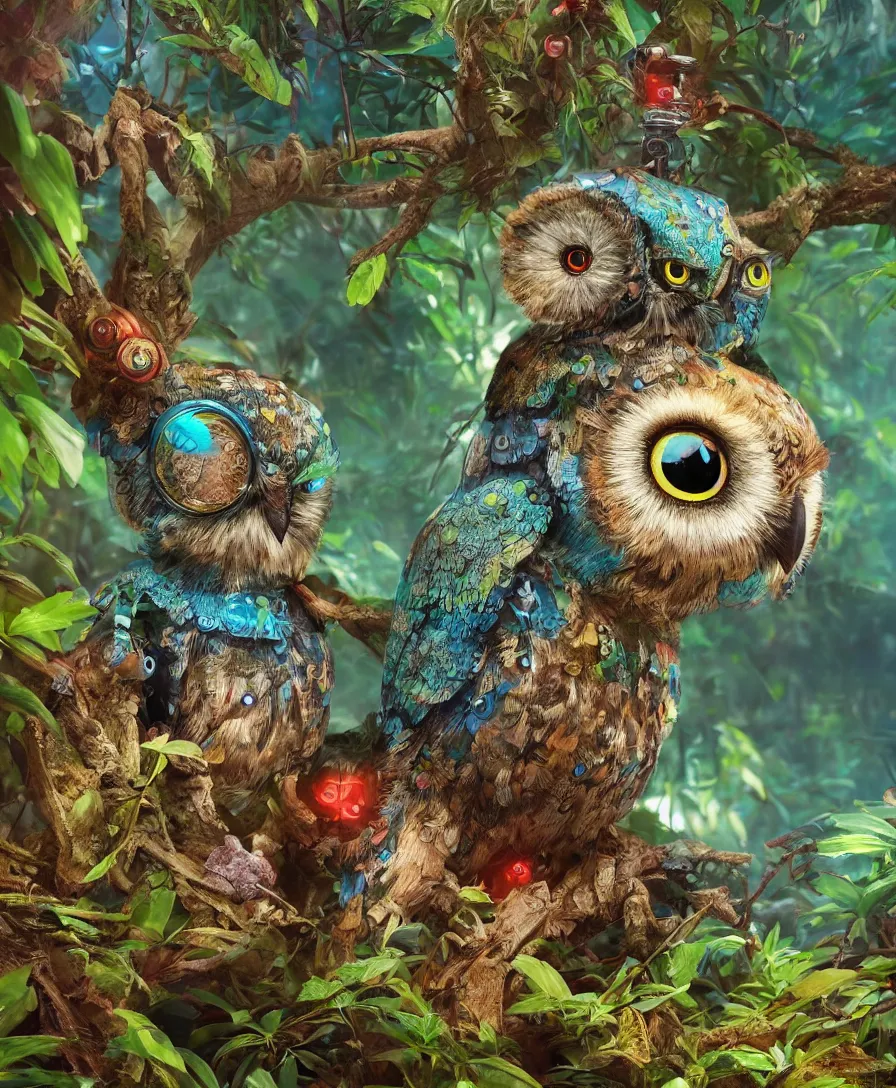 Prompt: beautiful small robot-owl in the deep jungle, with technicolor big eyes, epic, cinematic view, 8k, ultra realistic, vibrant colors, photo realism, trending artstation, octane render, intricate, highly detailed, digital painting