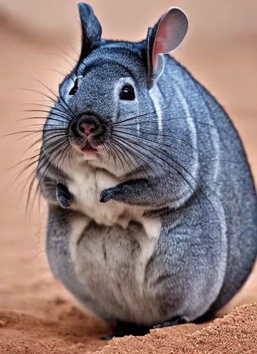 Image similar to chinchilla with strong, muscular body. big and fluffy rodent man. desert survivor.