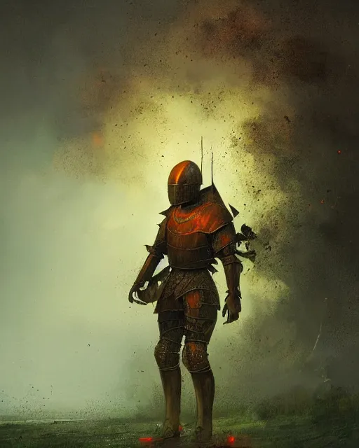 Image similar to Hyper realistic painting of a knight in a rusted full plate armor, green and orange rust, hyper detailed, thunderstorm, midnight, volumetric lighting, creepy atmosphere, by greg rutkowski