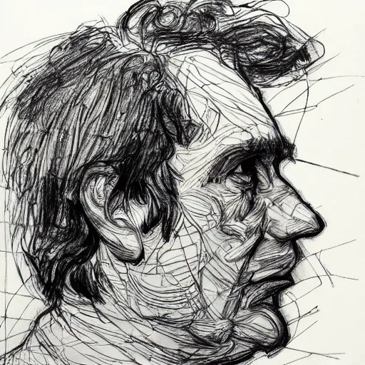 Prompt: a realistic yet scraggly portrait sketch of the side profile of a stern and sophisticated jonny greenwood, trending on artstation, intricate details, in the style of frank auerbach, in the style of sergio aragones, in the style of martin ansin, in the style of david aja, in the style of mattias adolfsson