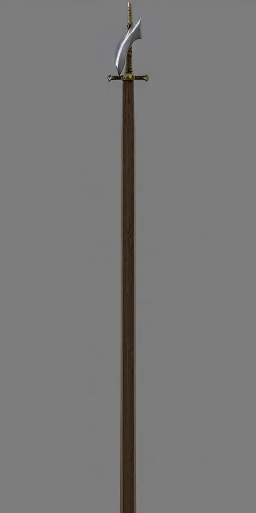 Image similar to a 3d model of a long sword, positioned vertically in the center, visible from the top to the bottom