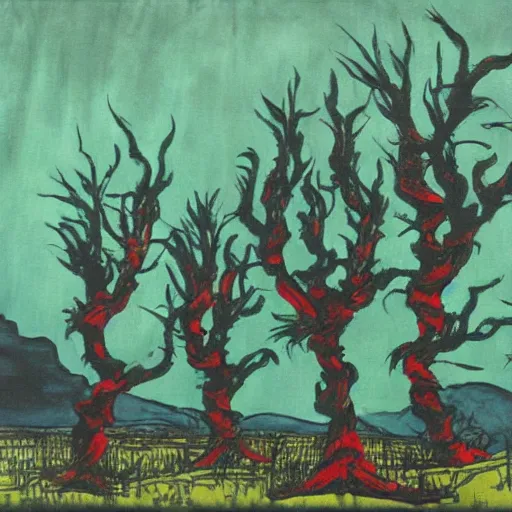 Prompt: grunge painting of a landscape by dr seuss | horror themed | creepy