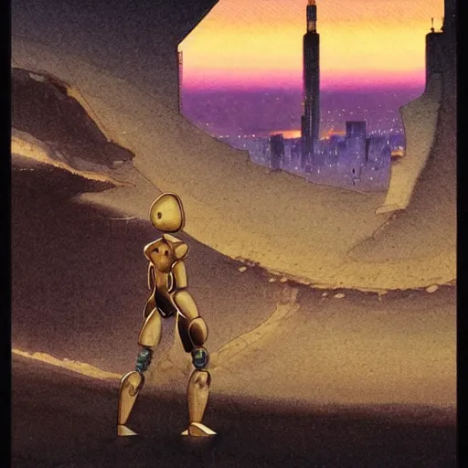 Prompt: [ a humanoid robot looking out over a ruined city ] [ night, stars ] [ gauche watercolour soft beautiful colours ] [ moebius, science fiction art ]