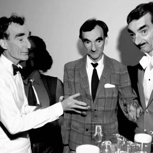 Image similar to bill nye in a nightclub with richard feynman and mr. bean