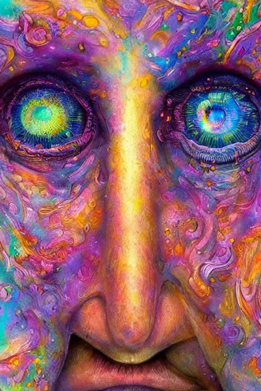 Image similar to hyperrealistic abstract close-up Renaissance psychedelic!! celestial happy! pure creature!! peaceful! kind spirit of nature! beautiful fractal!! eyes! highly detailed concept art eric zener elson peter cinematic hard rainbow lighting high angle hd 8k sharp shallow depth of field endless, inspired by Zdzisław Beksiński Salvador Dali