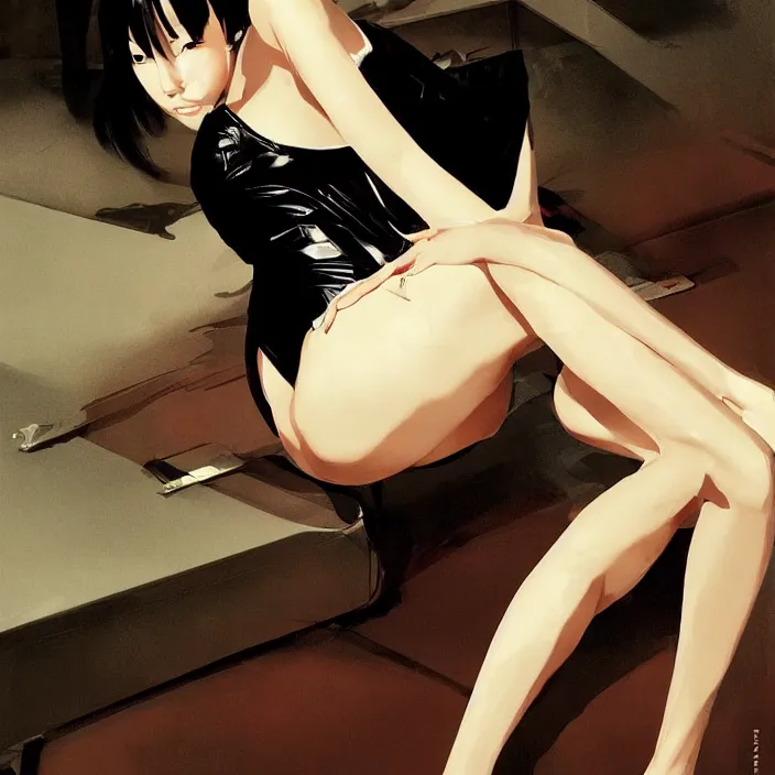 Prompt: lounging japanese girl, full body, high fashion, latex, urban, sharp, flowing, slick, highly detailed, concept art, digital art, smooth, sharp focus, hd, art by greg rutkowski and syd mead and annie leibovitz