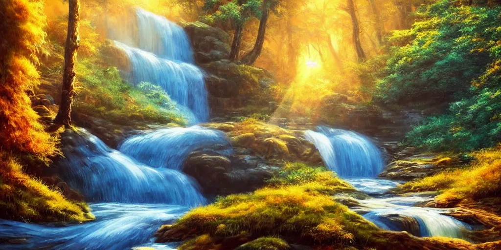 Image similar to golden hour waterfall nature landscape, matt painting, oil painting, ultra realistic, highly detailed, hd, sharp focus, cinematic lighting, warm colors, realistic, photorealistic, vivid colors, painting, non blurry, sharp, smooth, illustration