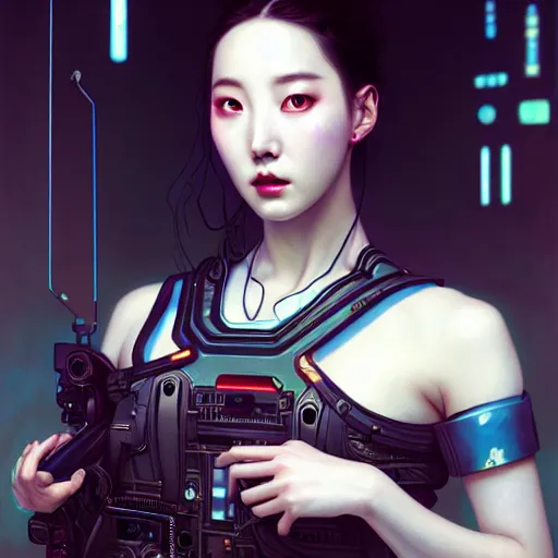 Image similar to portrait painting of sunmi as a cyberpunk technician, ultra realistic, concept art, intricate details, eerie, highly detailed, photorealistic, octane render, 8 k, unreal engine. art by artgerm and greg rutkowski and magali villeneuve and alphonse mucha