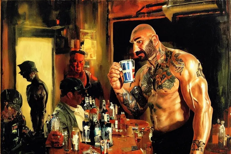 Prompt: dave bautista as replicant sapper morton is offered a drink at a party by dorian yates, painted by phil hale and rick berry and dean cornwell and norman rockwell and jeremy mann