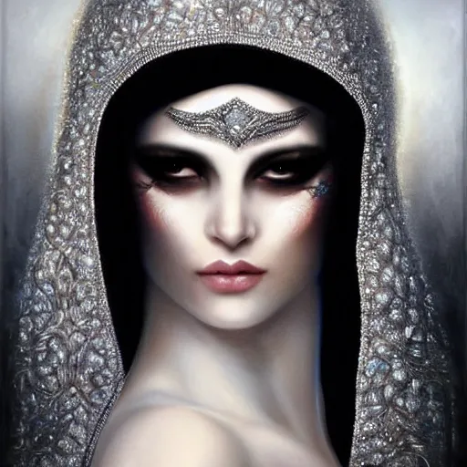 Image similar to a beautiful woman wearing a white niqab made of silver with jewelry and diamonds by karol bak, ayami kojima, arabian eyes, concept art, fantasy