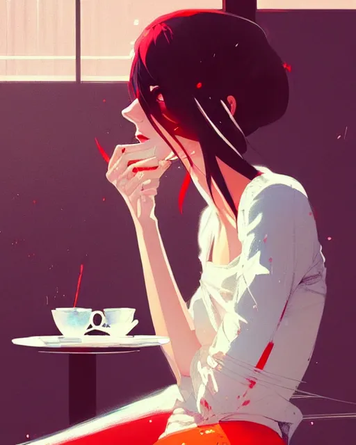 Image similar to a ultradetailed beautiful panting of a stylish woman sitting in a cafe, by conrad roset, greg rutkowski and makoto shinkai, trending on artstation