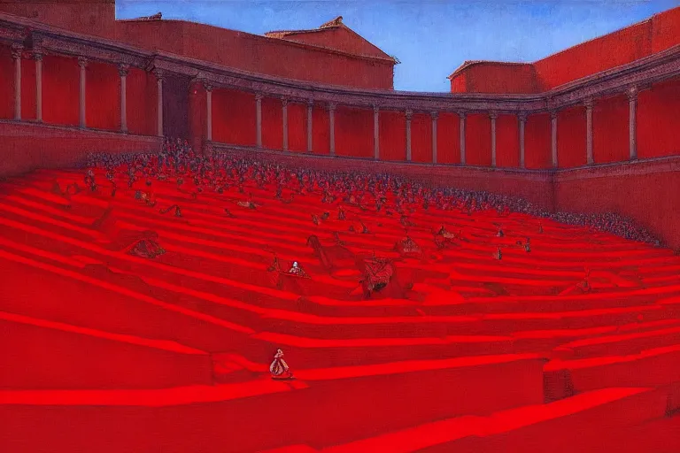 Image similar to only with red, a red great emperor, taormina amphitheatre, crowd with big smile, in the style of beksinski, parts by edward hopper, parts by rodcenko, parts by yue minjun, intricate and epic composition, red by caravaggio, insanely quality, highly detailed, masterpiece, red light, artstation, 4 k