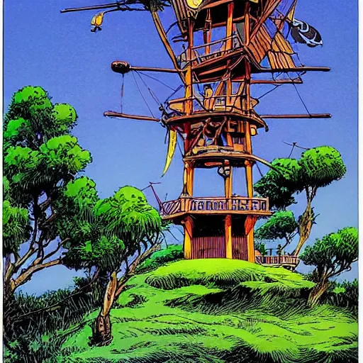 Image similar to brigantine pirate ship with an observation tower, and a large fruit tree on its deck smooth, sharp focus, high contrast, colourful, graphic novel, art by ralph bakshi and dave sim and frank quitely and moebius and jeff smith,