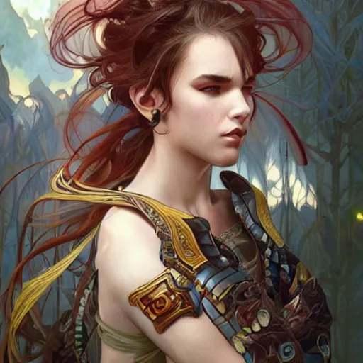 Image similar to breathtaking epic fantasy portrait of a female fighter in epic fantasy arena,, sunny weather, intricate, matte, sharp focus, illustration, art by Artgerm and Hsiao-Ron Cheng and Alphonse Mucha,, RPG portrait