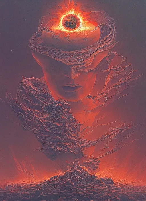 Image similar to exploding, cracking planets and moons engulfed in flames in the style of, pascal blanche, surreal, beksinski, high detailed