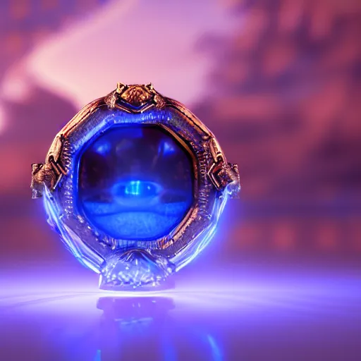 Image similar to a fantasy ring, blue glow, realistic reflections, intricate details, cinematic lighting, depth of field, octane render