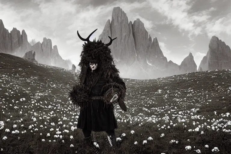 Image similar to portrait of a tyrolean folklore mask, dark, eerie , wearing hay coat, with horns, eerie, flowers growing out of his body, dolomites in the background, detailed intricate insanely detailed octane render, 8k, artistic 1920s photography, vintage photo, black and white, photorealistic, chiaroscuro, by David Cronenberg, Raphael, Caravaggio