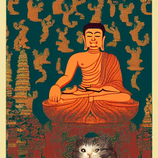 Prompt: a portrait of a cat wearing buddha clothes in the style of buddha