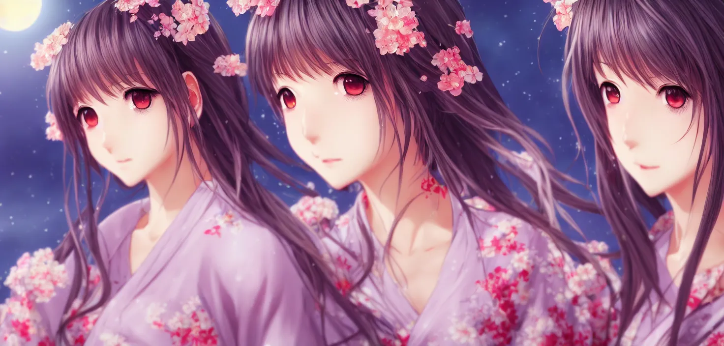 Image similar to portrait three beautiful anime girls wear coctail kimono closeup | | sunny night, full moon, dreamlike art, realistic shaded, smile, good looking, hyper details, 4 k realistic, cryengine, realistic shaded lighting poster by artgerm, ross tran, fuji choko, 8 k resolution, trending on artstation, luxury