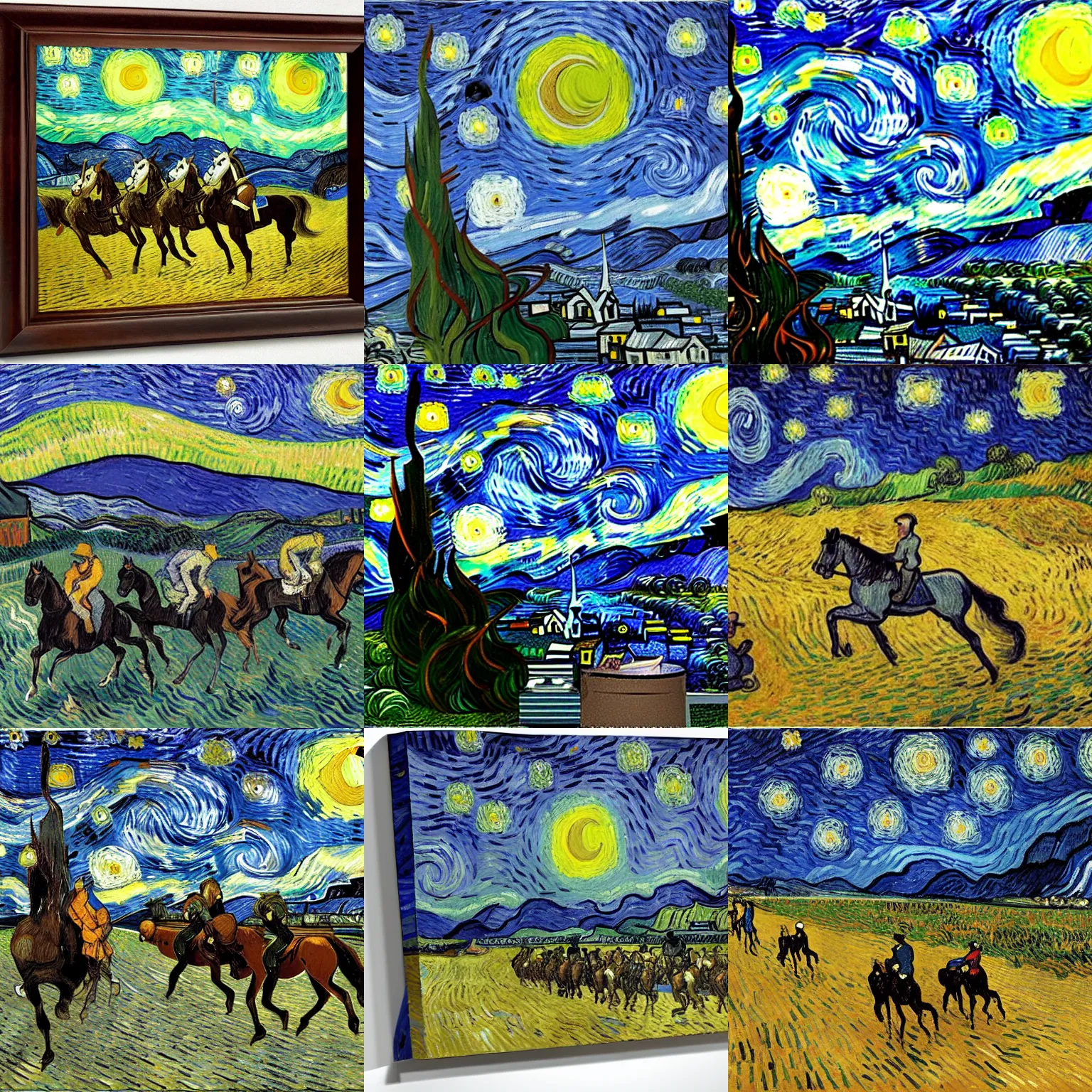 Prompt: horse race across starry night, by vincent van gogh