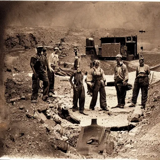 Image similar to a diverse group of alienated mine workers in a mine shaft, sepia, vintage photo, pinhole camera
