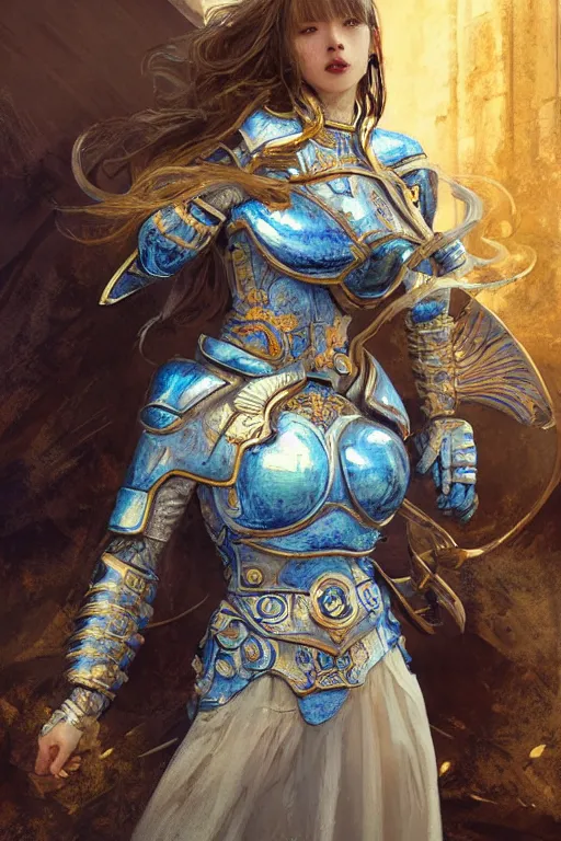 Image similar to portrait knights of Zodiac girl, Chinese Blue and white porcelain color reflected armor, in ruined Agora of Athens, ssci-fi, fantasy, intricate, very very beautiful, elegant, golden light, highly detailed, digital painting, artstation, concept art, smooth, sharp focus, illustration, art by tian zi and WLOP and alphonse mucha