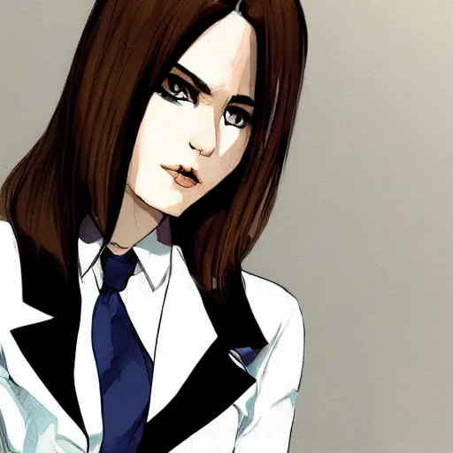 Image similar to woman in black business suit, chill, light brown neat hair, pixiv, fanbox, trending on artstation, portrait, digital art, modern, sleek, highly detailed, formal, serious, determined, blue tie, competent, colorized, smooth, charming, pretty, safe for work