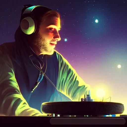 Prompt: A man djing at night under the stars, beautiful, digital art, artstation, hyperrealistic, 8k, unreal engine, octane render, trending on artstation, art by Artgerm and Greg Rutkowski and Alphonse Mucha and Beeple