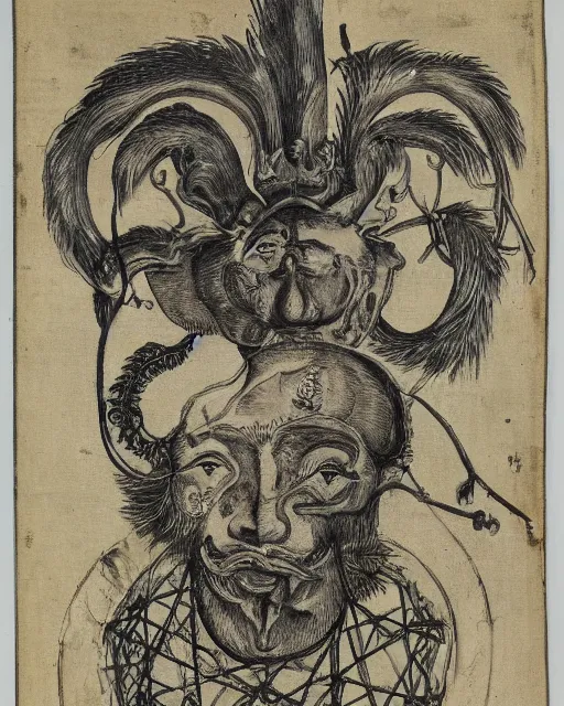 Image similar to zmei gorynich with one human head, second eagle head, third lion head, fourth ox head. drawn by francis bacon
