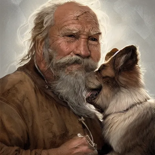 Image similar to portrait of a old, ruggedly handsome bearded man next to a corgi dog, soft hair, muscular, half body, cloth, d & d, fantasy, intricate, elegant, highly detailed, digital painting, artstation, concept art, smooth, sharp focus, illustration, art by artgerm and greg rutkowski and alphonse mucha