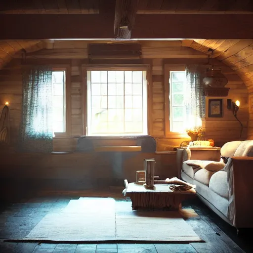 Prompt: cozy cottage interior, dramatic lighting, photograph