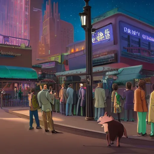 Image similar to few people waiting in a bus stop in dark city night, detailed, high quality, high resolution, screenshot from Zootopia