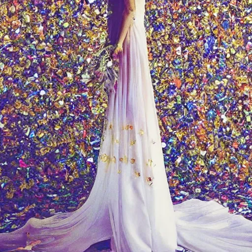 Image similar to a long wedding dress with a train made of flower petals made of light - colored fabric. transparent in places. in places, patterns of precious stones. intricate patterns of gold thin threads. fantasy. clear details