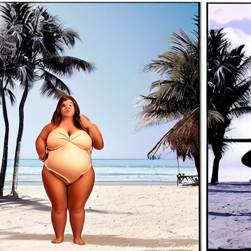 Image similar to The photo depicts an obese woman in a bathing suit, with her curves and rolls exaggerated. She has a look of surprise on her face, as if she can't believe what she's seeing. The background is a fake beach scene, complete with palm trees and sand. The overall effect is both hilarious and surreal. Photomanipulation.