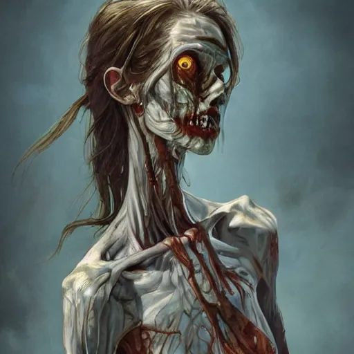 Prompt: clear portrait of a anorexic zombie, hideous appearance, ripped clothing, malnourished, cottagecore!!, background hyper detailed, character concept, full body, dynamic pose, intricate, elegant, highly detailed, digital painting, artstation, concept art, smooth, sharp focus, illustration, art by artgerm and greg rutkowski and alphonse mucha