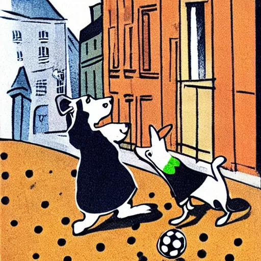 Image similar to book illustration of a french boy on the streets of paris playing football against a corgi, the dog is wearing a polka dot scarf, 1 9 6 6