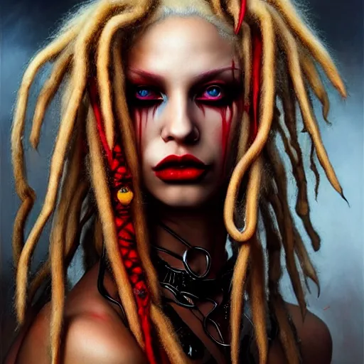 Image similar to portrait of flawless beautiful psychopathic female with blonde and red dreadlocks, dark, piercing eyes, exotic expression, esoteric clothing, photorealistic, highly detailed, mysterious lighting, artstation, smooth, sharp focus, art by michael whelan, artgerm, greg rutkowski and luis royo