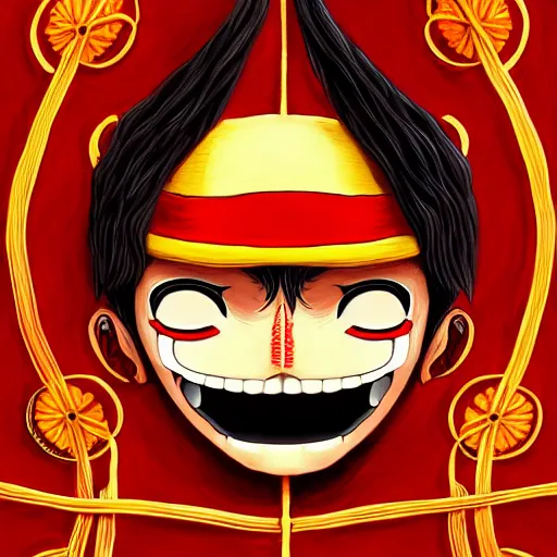 Image similar to symmetry!! luffy, intricate, elegant, highly detailed, my rendition, digital painting, artstation, concept art, smooth, sharp focus, illustration, art by leekto and iaki, trending on artstation