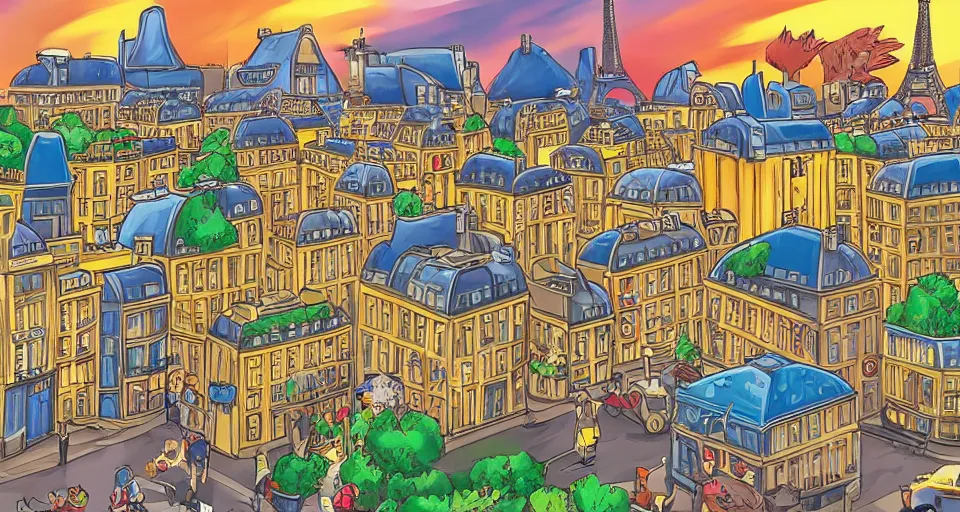 Image similar to paris in pokemon city style, golden hour