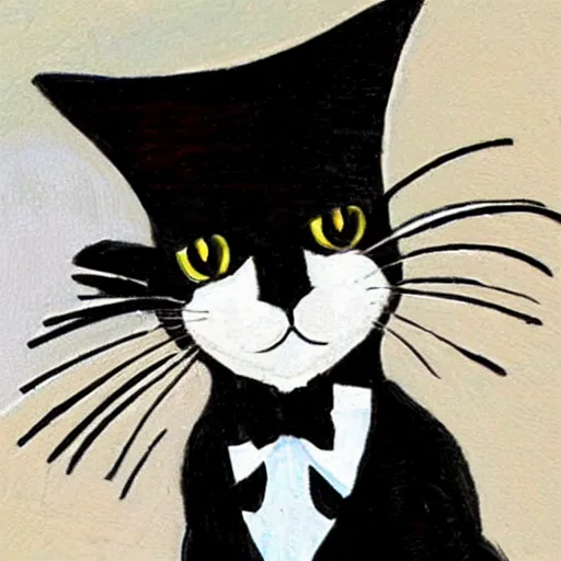 Prompt: a black cat with a top hat and a tuxedo