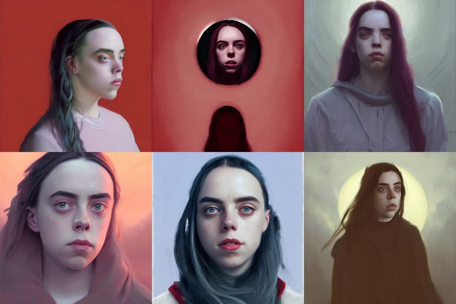 Prompt: portrait of photorealistic billie eilish, shadow cast over face, beautiful park landscape lit by blood moon, rule of thirds, painting by sargent and leyendecker, fantasy, medium shot, intricate, matte painting, crimson gradient, dynamic lighting, by greg rutkowski and greg tocchini and james gilleard and joe fenton and greg manchess