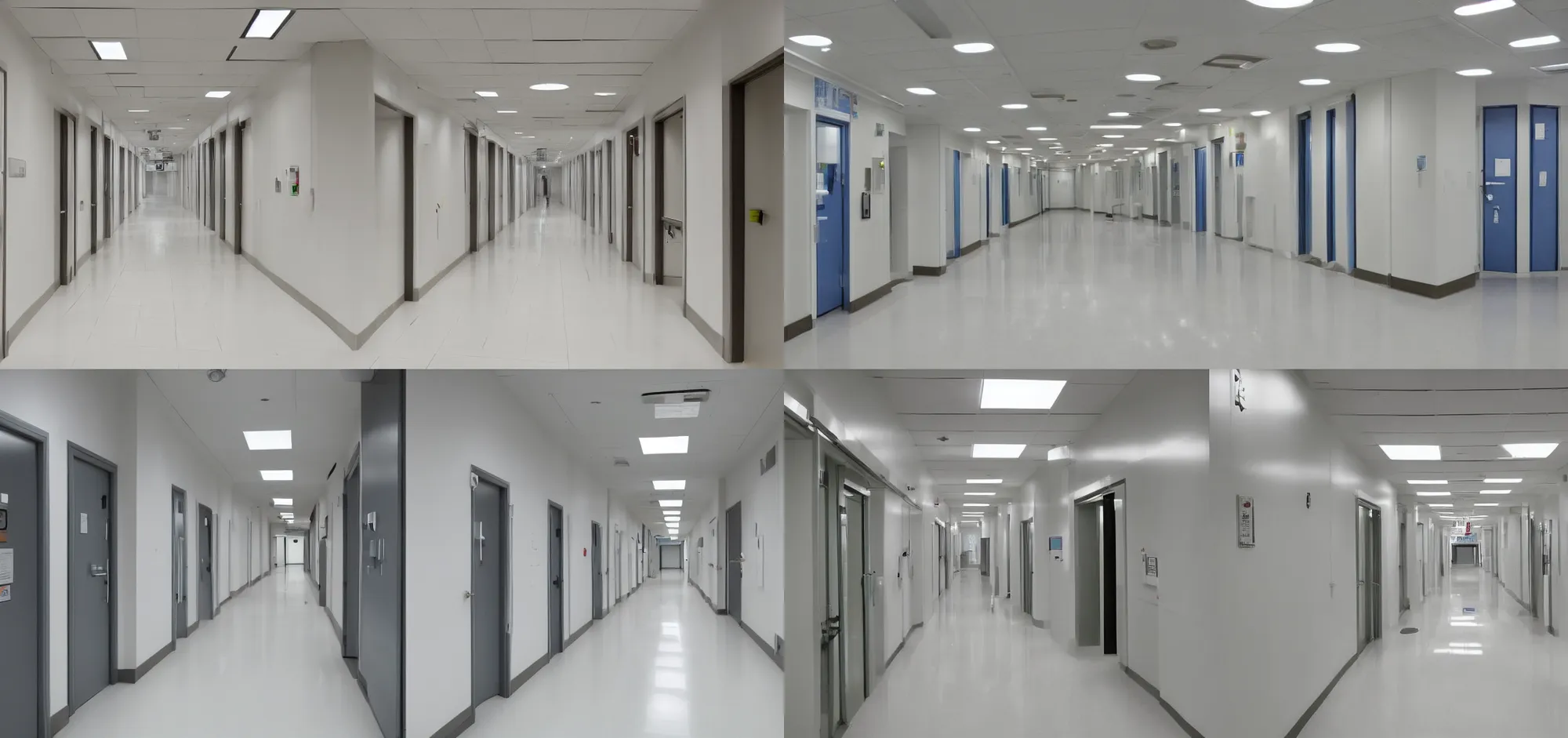 Prompt: a pristine white hospital hallway with steel cell doors in front of each room,