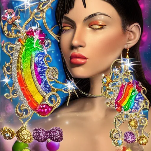 Prompt: !dream A Jewelpunk society would be one of gleaming perfection, where every surface is adorned with sparkling gems and jewelry. The skies would be a rainbow of colors, as light reflecting off of the endless gems creates a spectrum of hues. The people would be impeccably dressed, with each outfit adorned with jewels that match their personality and status. Even the weapons and other tools would be made out of precious metals and gems, adding to the overall air of opulence.