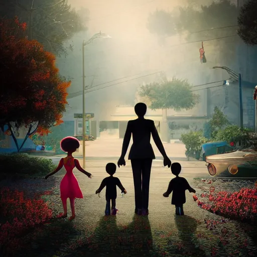 Image similar to stunning, coherent, impressive, detailed still of black family in a dream world, follow shot, 3d, in the style of pixar, comic book style, 3d, highly detailed, sharp focus, bokeh, depth of field, 16k resolution, Unreal Engine 5, coherent, cinematic lighting, photorealistic, by Zhang Jingna
