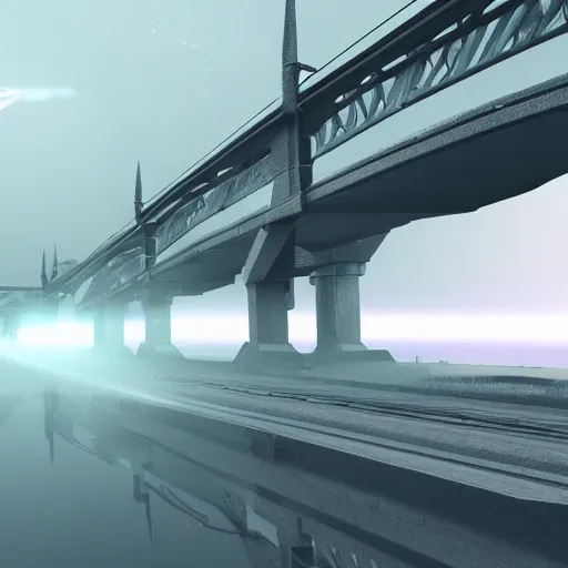 Prompt: a bridge made of lightbeams between two different realities in space fantasy hyperdetailed mist detailed 4k 3D render cinematic Marvel