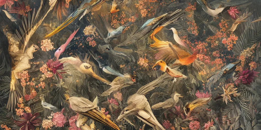 Image similar to breathtaking detailed concept art painting art deco pattern of birds amalmation blend of flowers and birds, by john james audubon, bizarre compositions, exquisite detail, extremely moody lighting, 8 k