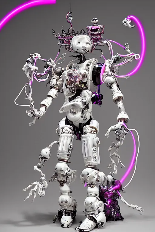 Prompt: full-body rococo and cyberpunk style porcelain robot statue of a young attractive Brasileiro novinho gostoso e dotado running for his life, glowing white laser eyes, prince crown of pink gears, diamonds, swirling silver-colored silk fabric. futuristic elements. full-length view. space robots. human skulls. intricate artwork by caravaggio. Trending on artstation, octane render, cinematic lighting from the right, hyper realism, octane render, 8k, depth of field, 3D